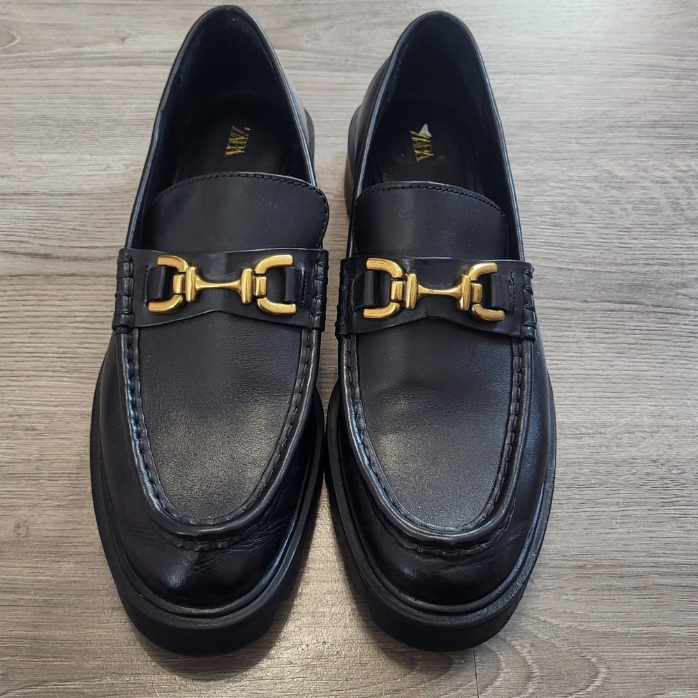 ZARA Black Leather Loafers Gold Bit Chunky Sole Dark Academia Women Size 11
